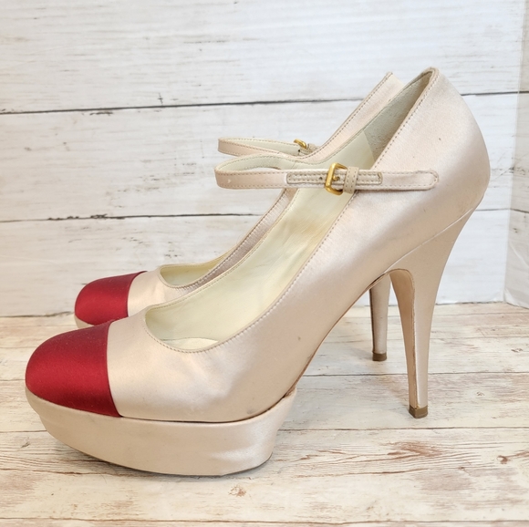 Miu Miu champagne satin platform Mary jane heels with scarlet captoe - Picture 5 of 15